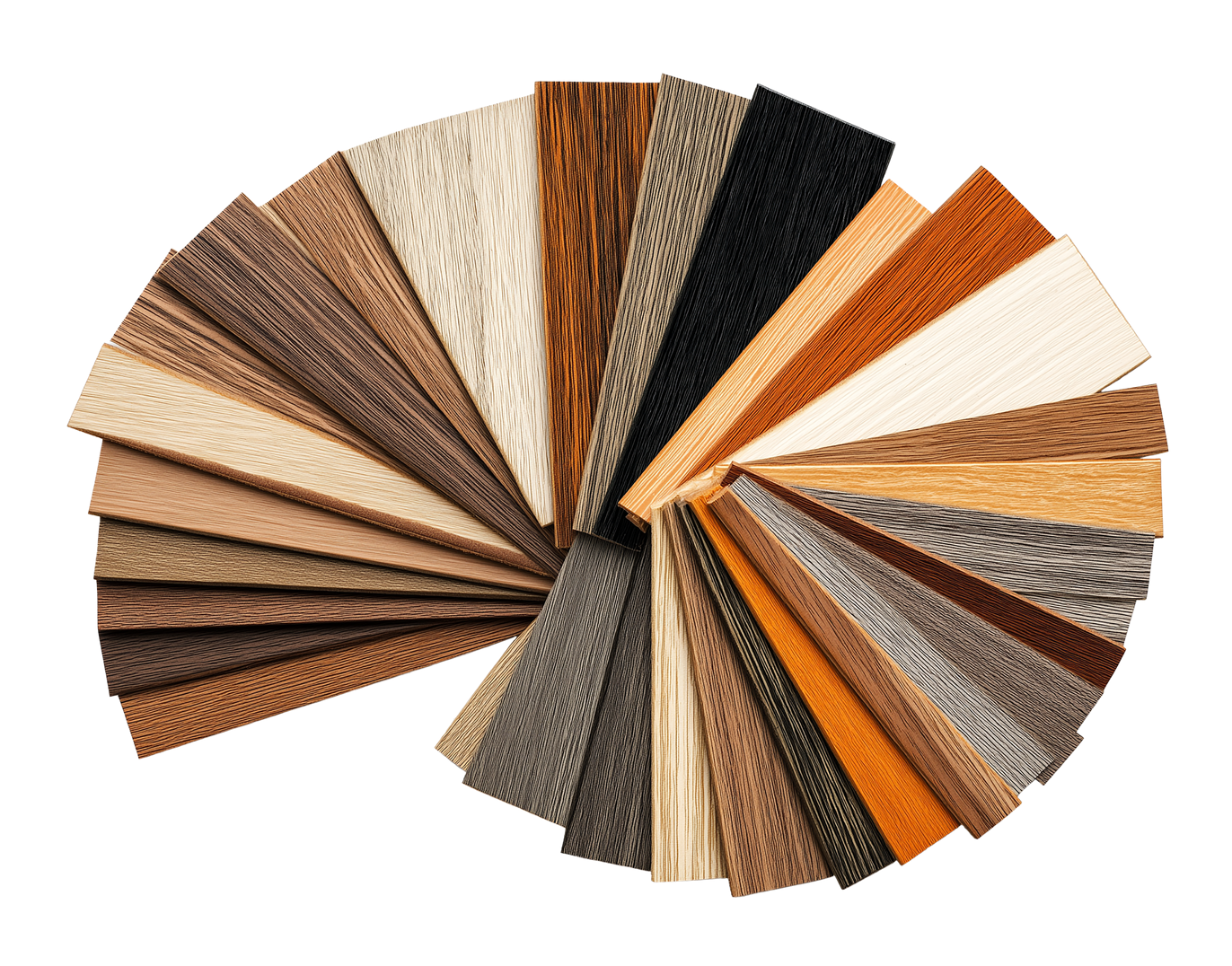 Une disposition en éventail de divers échantillons rectangulaires de placage de bois présentant des textures, des motifs de grain et des couleurs variés.