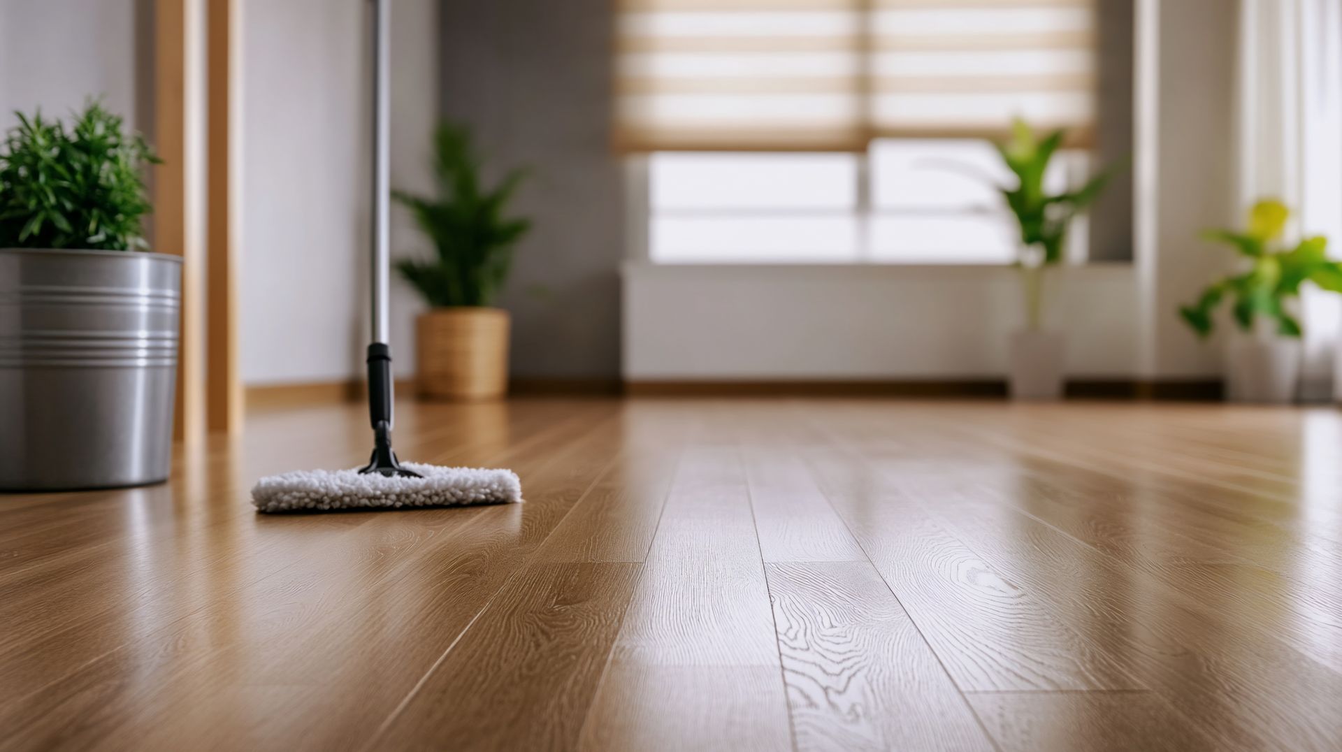 Une tête de balai-serpillière est posée sur un parquet clair et poli dans une pièce ensoleillée remplie de plantes en pot.