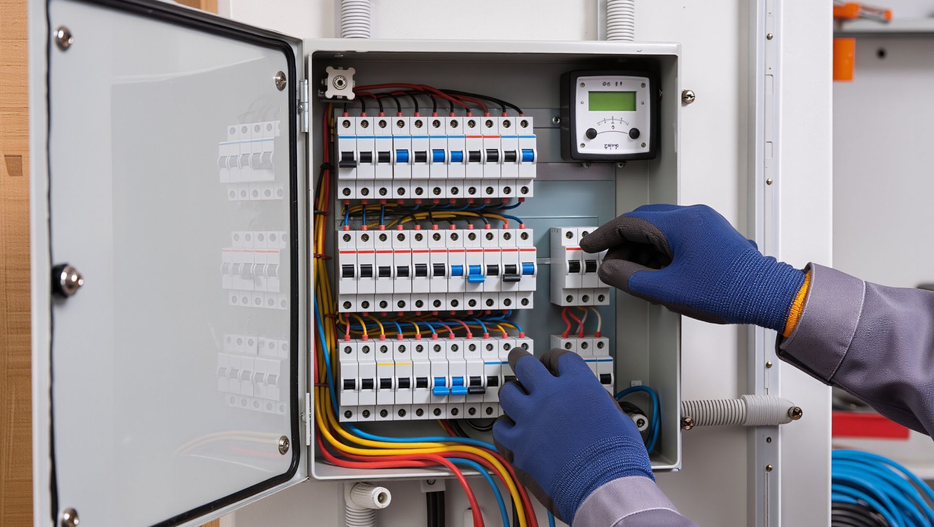 Une personne portant des gants de protection bleus travaille sur un tableau de distribution électrique ouvert comportant plusieurs disjoncteurs.