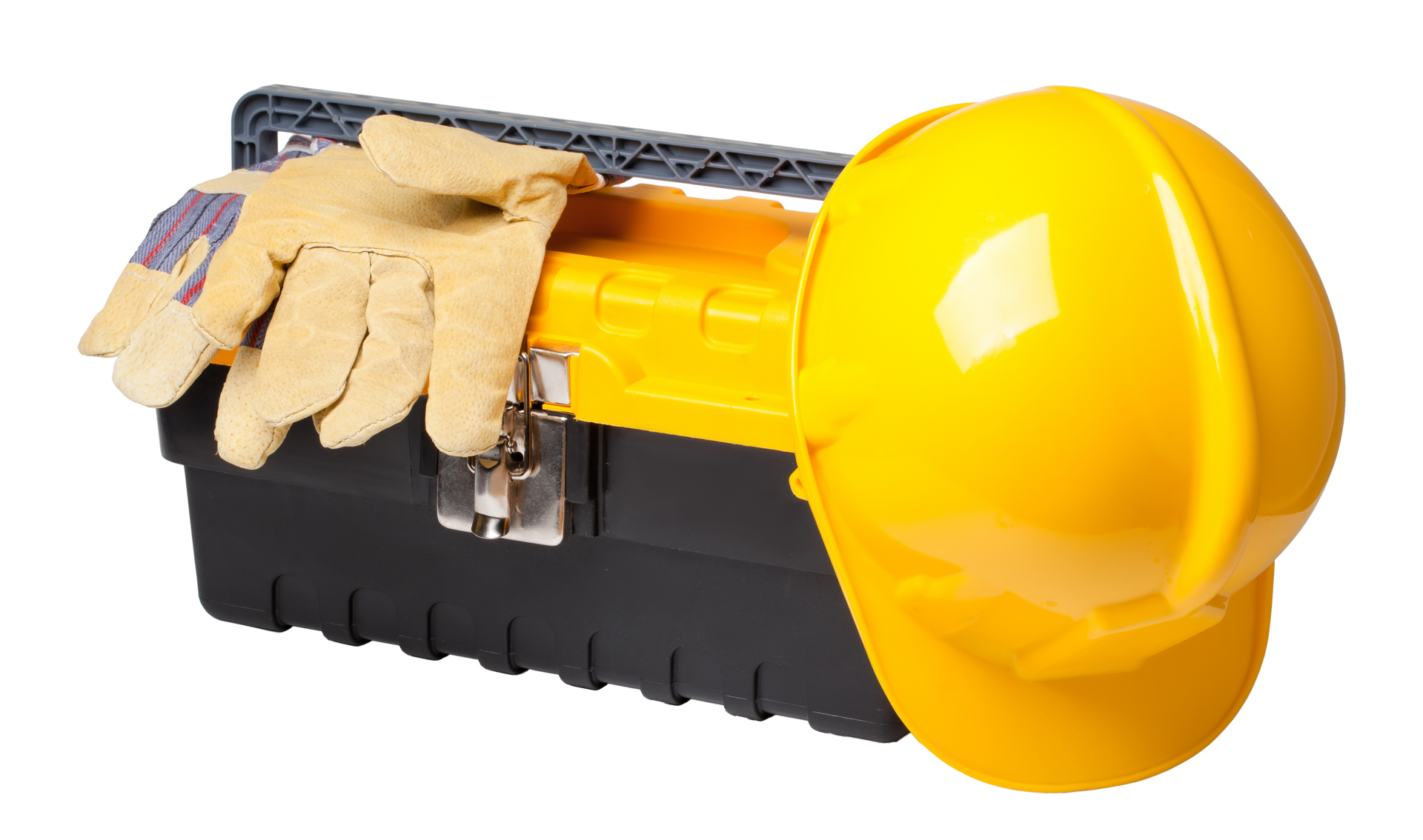 Un casque de chantier jaune et des gants de travail beiges posés sur une boîte à outils en plastique noir et jaune.
