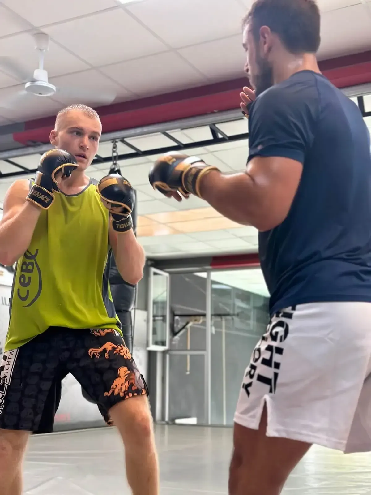 Dos hombres practicando boxeo en un gimnasio, con guantes y pantalones cortos deportivos.
