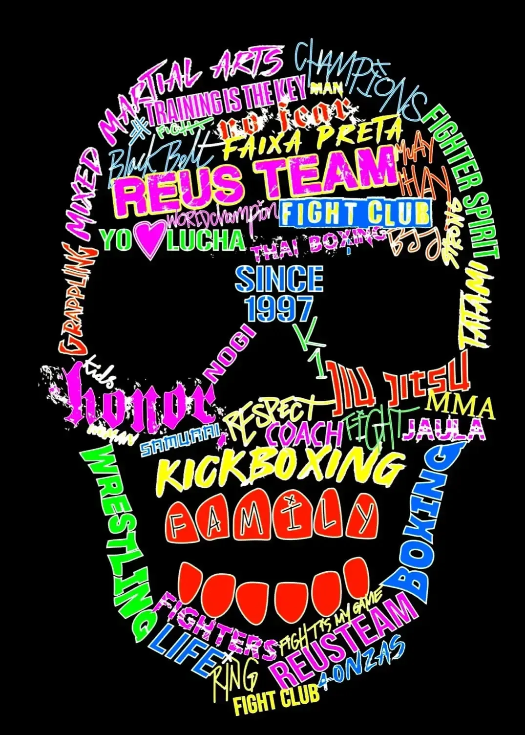 Contorno facial de nube de palabras con coloridos nombres de artes marciales y clubes de lucha sobre fondo negro