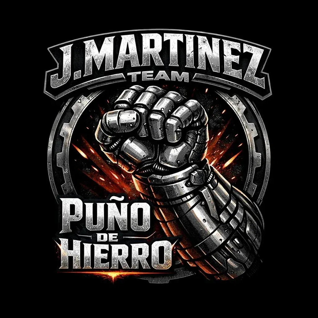 Logotipo del equipo J. Martinez Puño de Hierro con un puño metálico y chispas de fuego sobre un fondo oscuro.