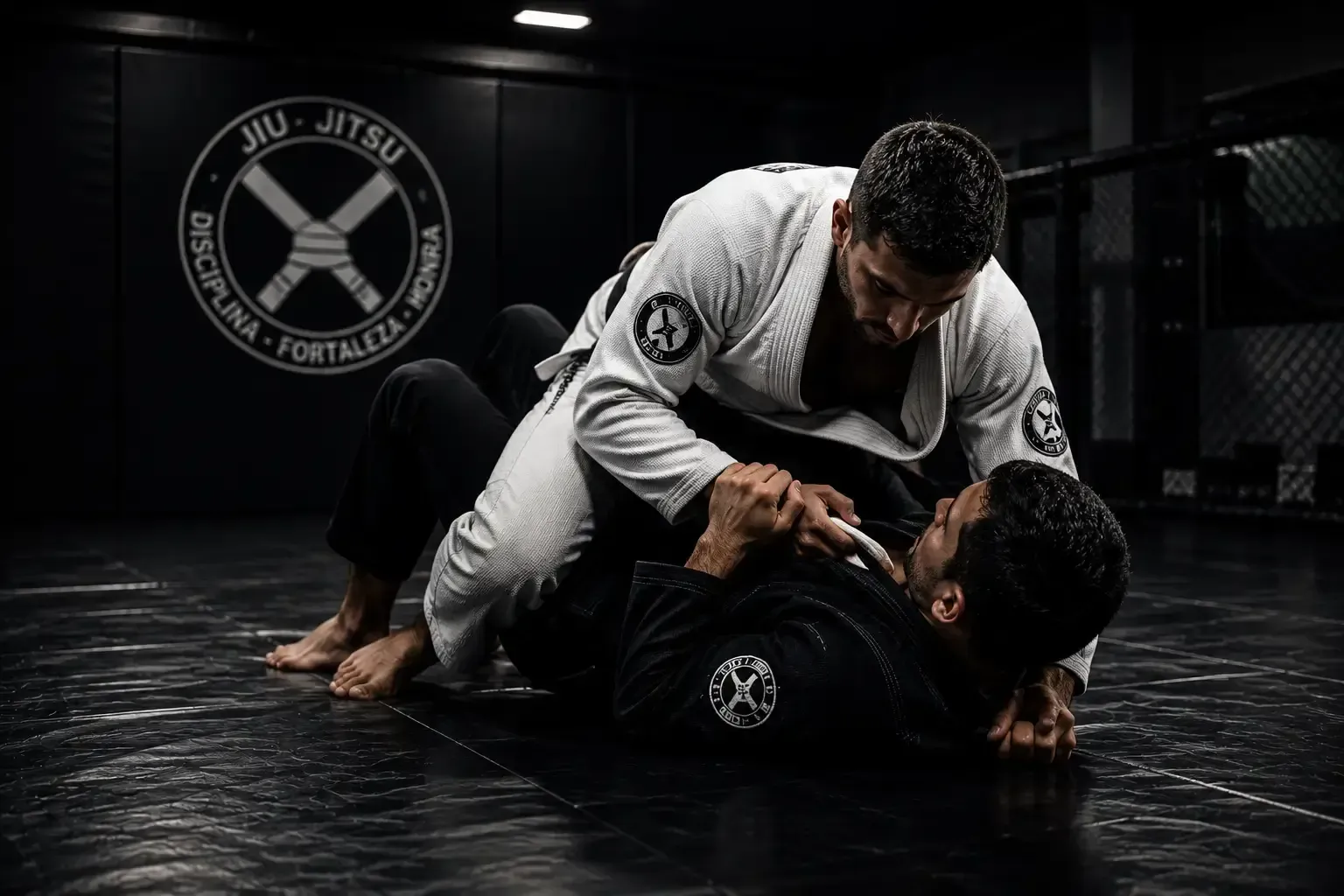 Dos artistas marciales forcejeando sobre una colchoneta en un gimnasio con poca luz, uno inmovilizando al otro.