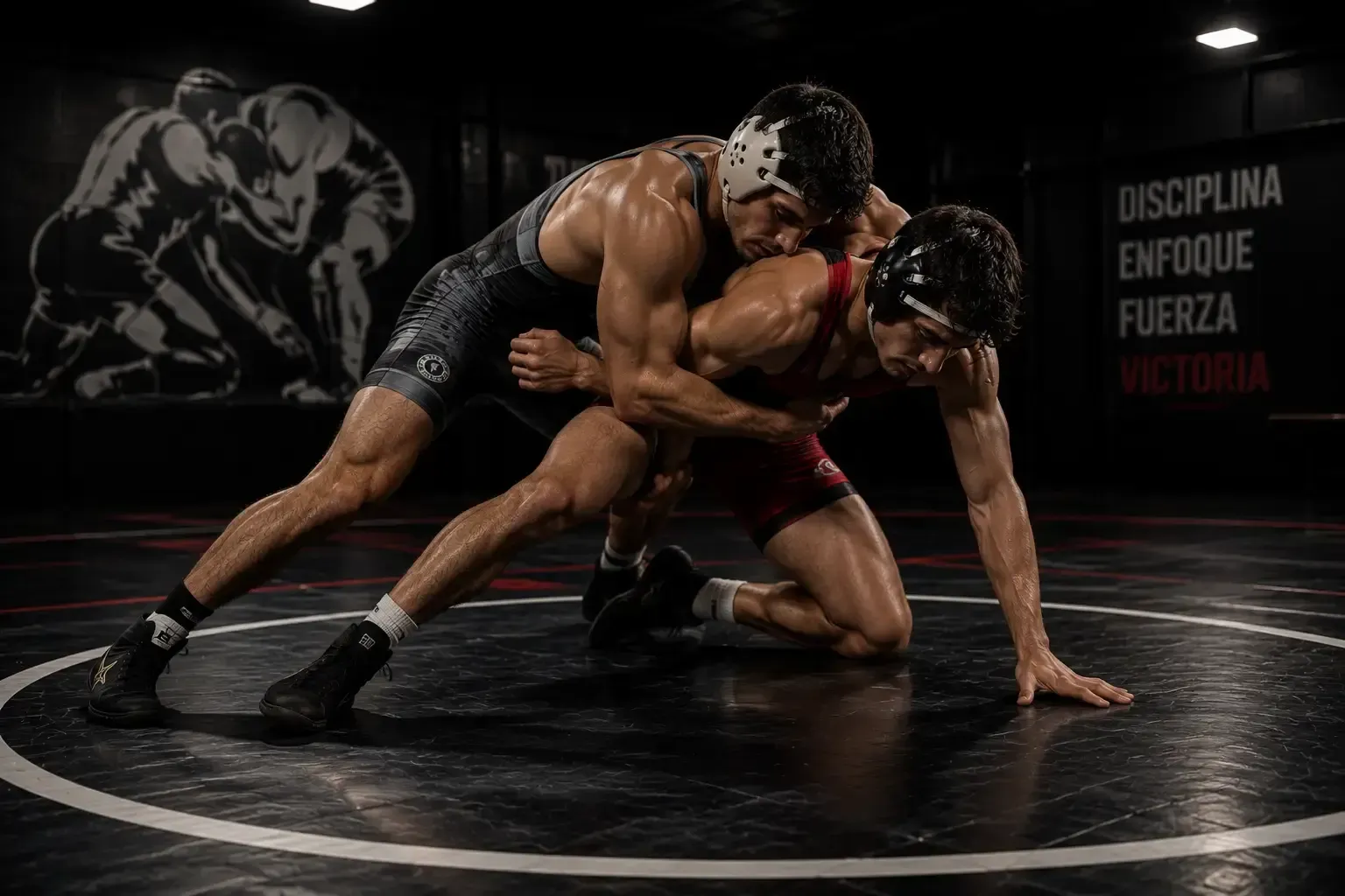 Dos luchadores forcejeando sobre una colchoneta oscura