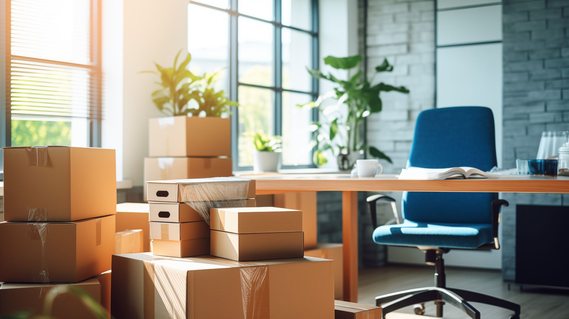 Des cartons empilés dans un bureau avec une chaise, des plantes et de grandes fenêtres.