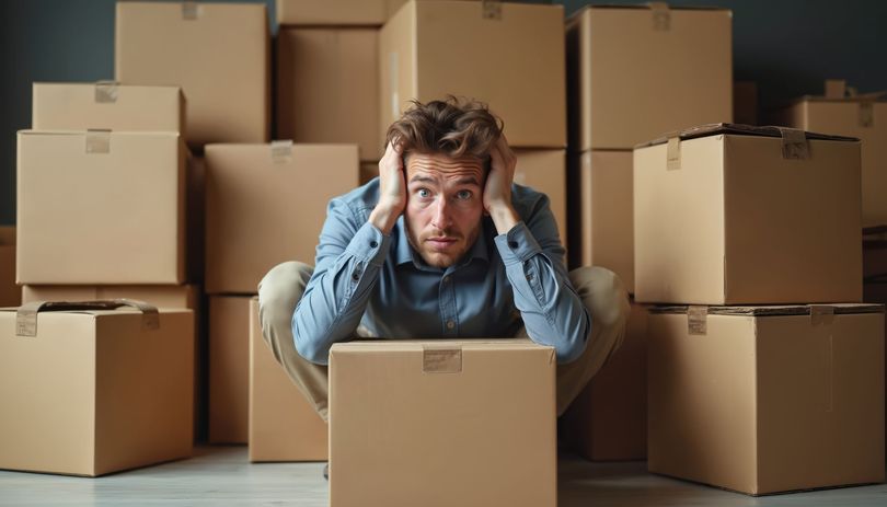 Un homme est accroupi, l'air stressé, entouré de cartons empilés.