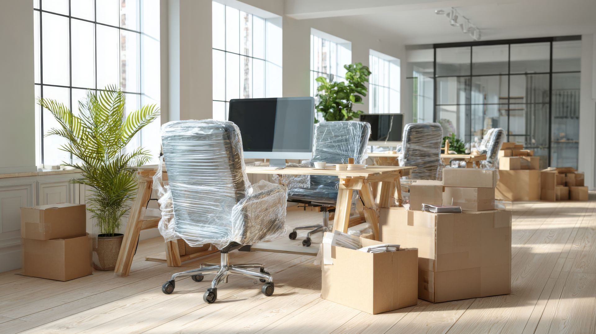 Déménagement de bureaux : cartons emballés, chaises recouvertes et bureaux près de grandes fenêtres.