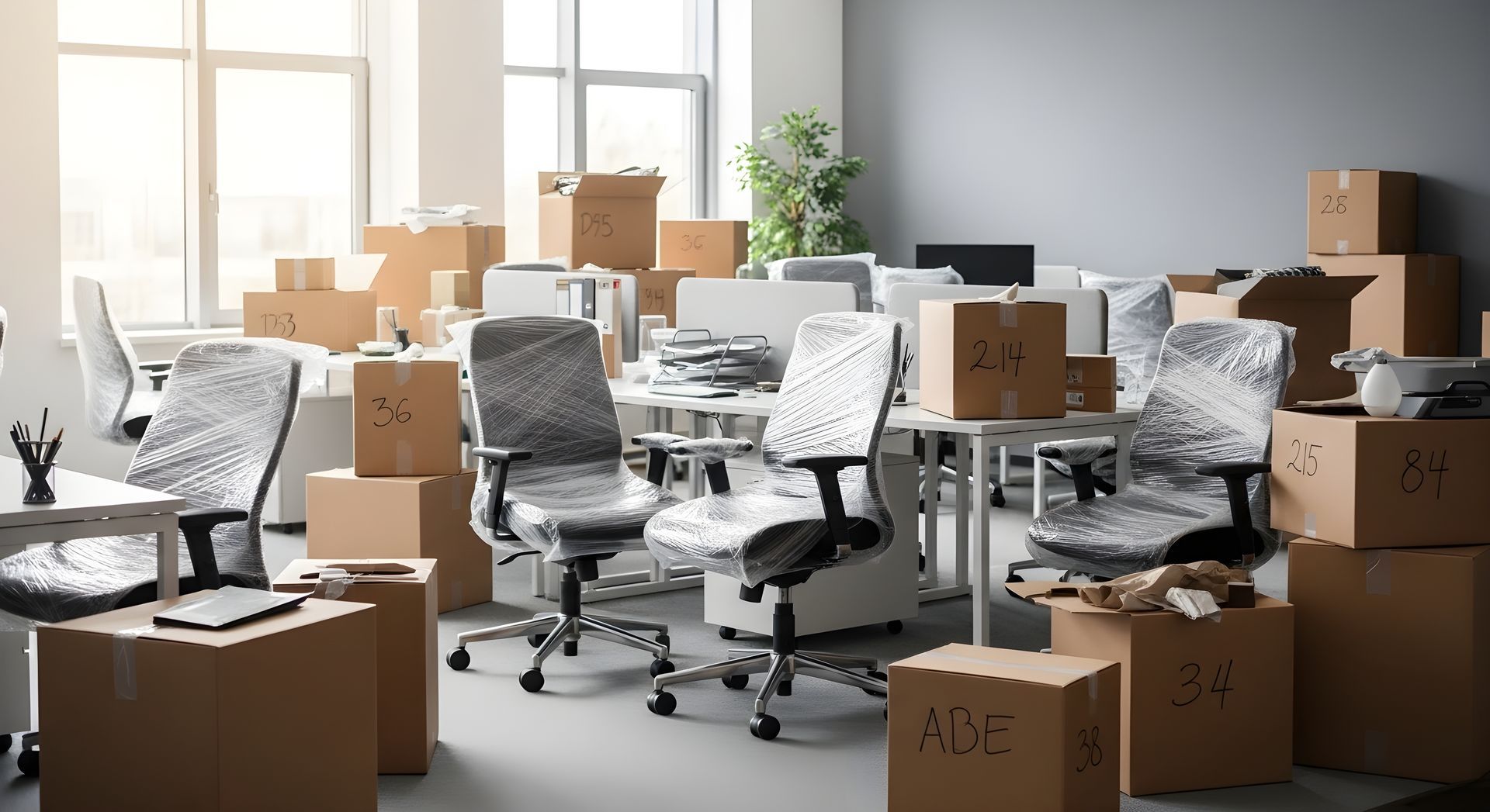 Intérieur d'un bureau en plein déménagement avec des cartons et des chaises de bureau.