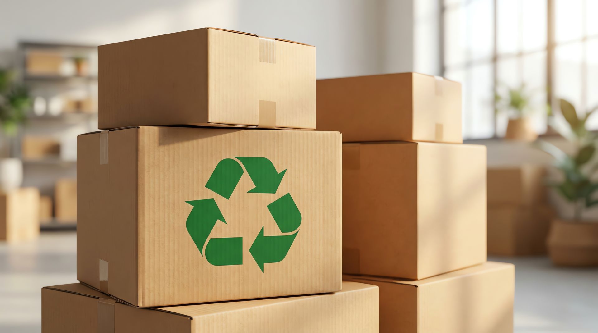 Des cartons empilés, dont un avec le symbole vert du recyclage.