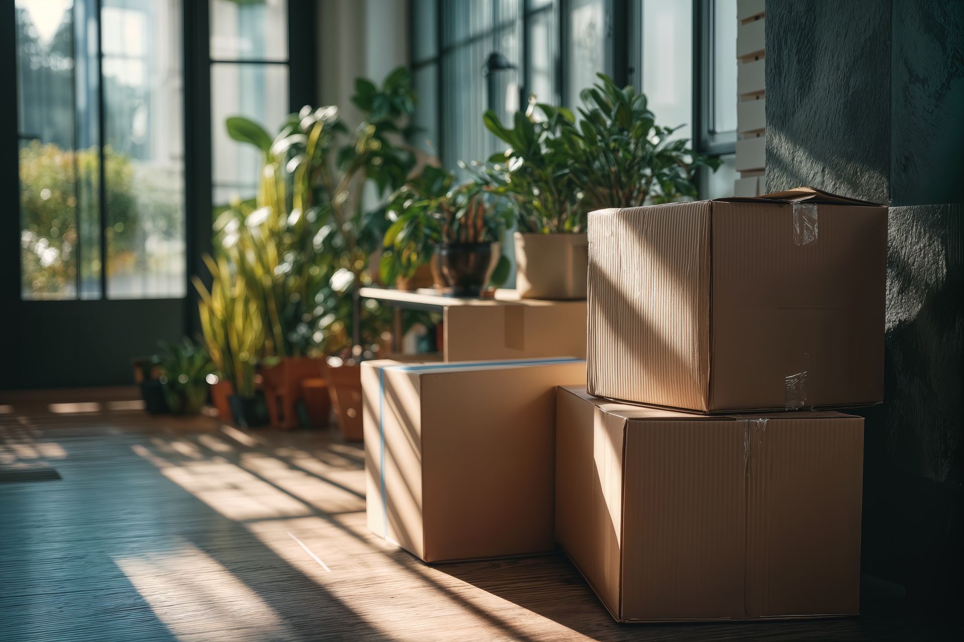 Des cartons de déménagement empilés près d'une fenêtre ensoleillée, avec des plantes en pot.