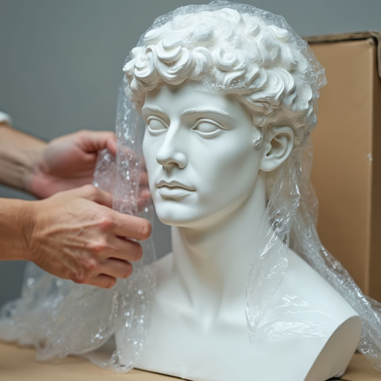 Buste d'une sculpture blanche, emballé dans du papier bulle par deux mains, à côté d'une boîte en carton.