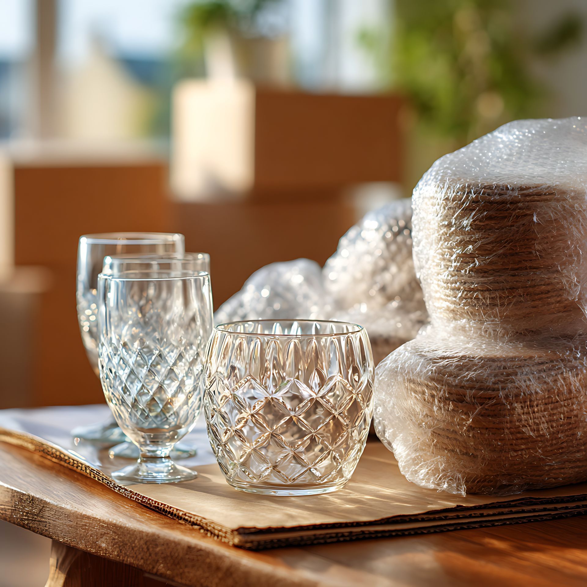 Un ensemble de verres et d'assiettes emballées une table