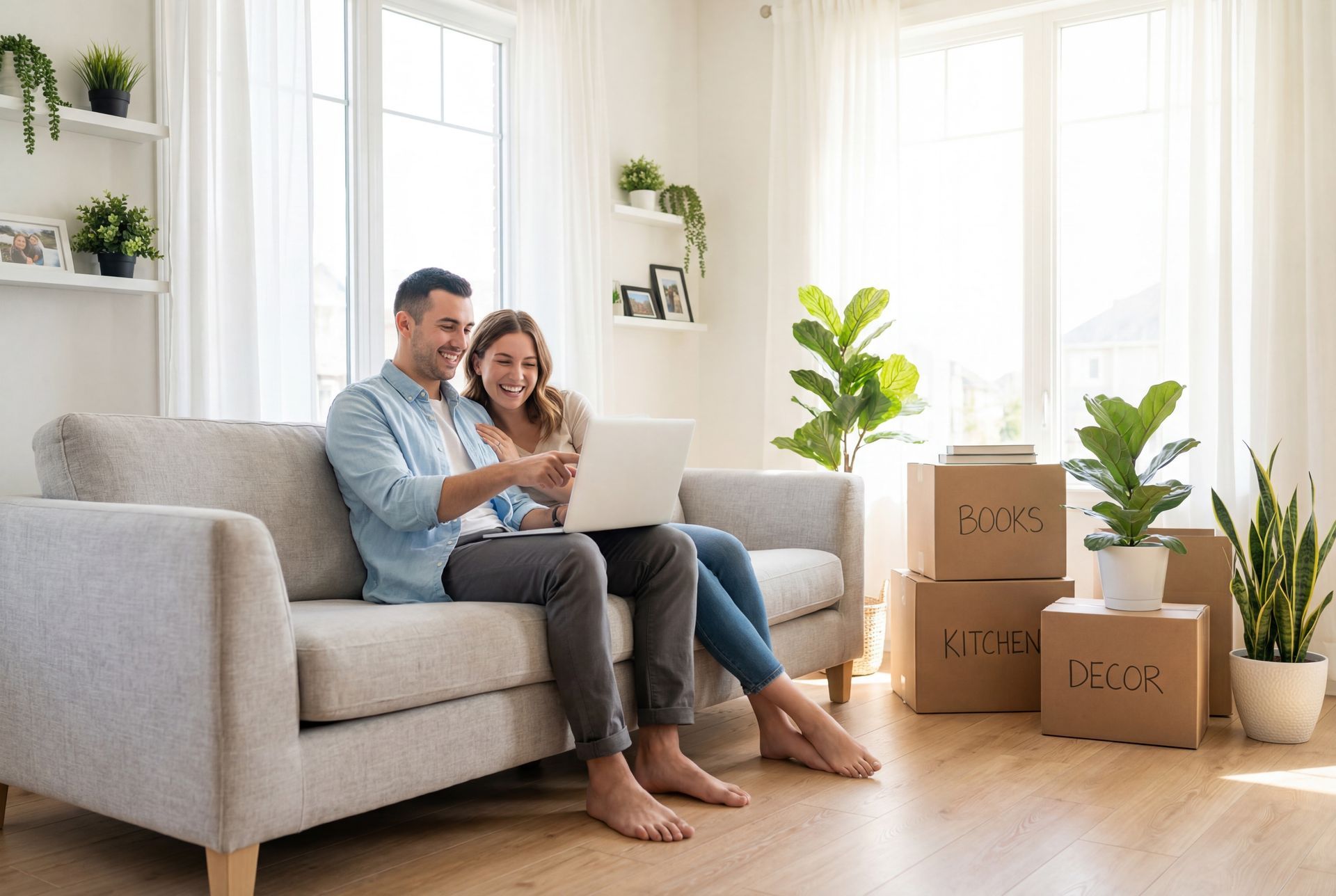 Un couple assis dans un canapé avec un ordinateur sur les genoux.