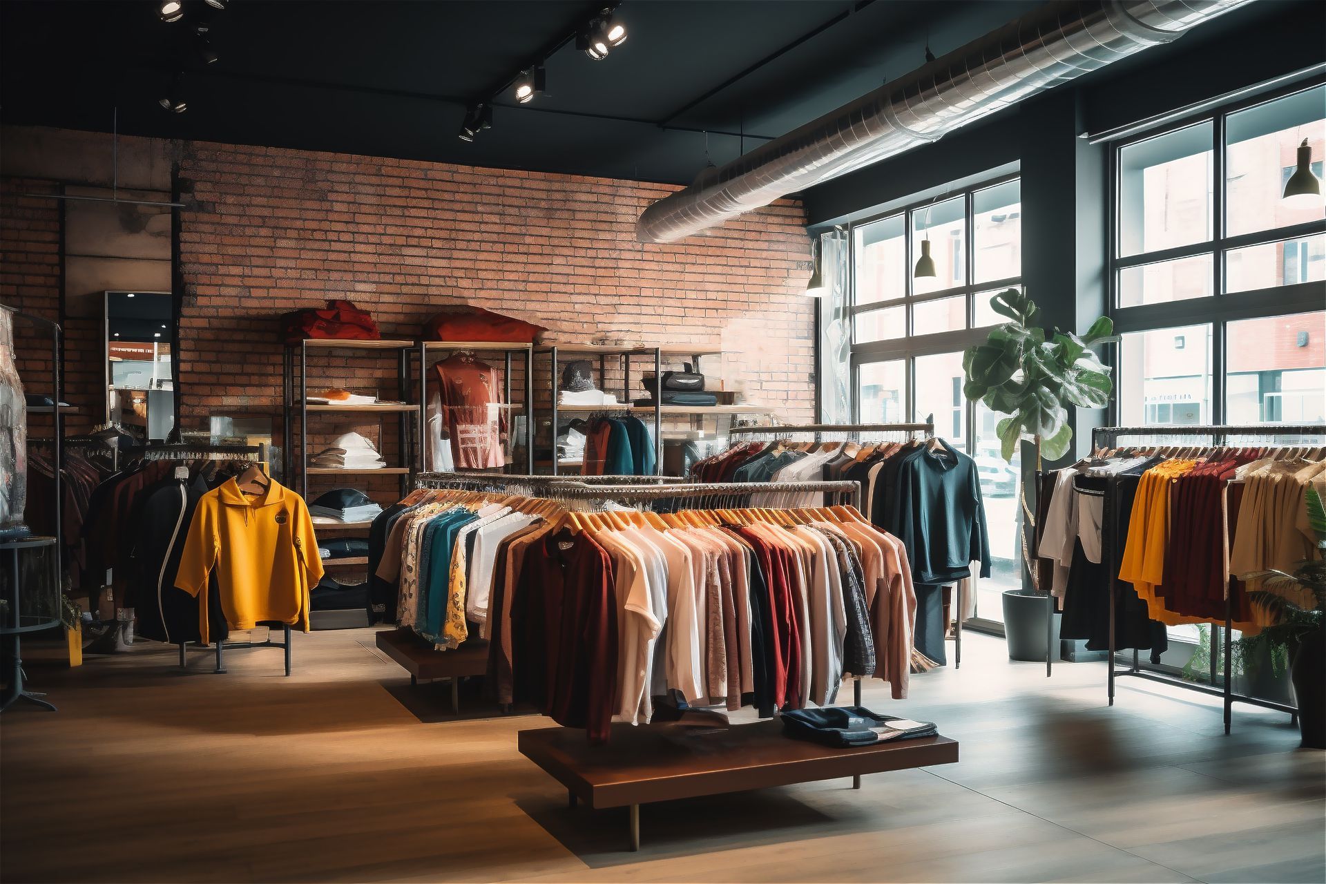 Intérieur d'un magasin de vêtements avec des portants et un mur de briques apparentes.