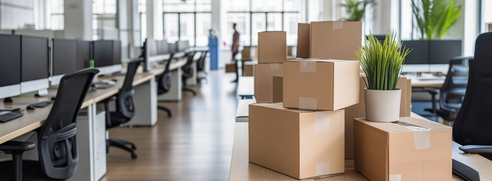 Bureau en plein déménagement avec des cartons remplis.
