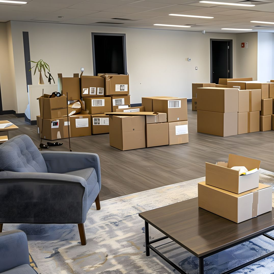 Espace de bureau intérieur avec des cartons ; mobilier, comprenant un canapé et une table basse.