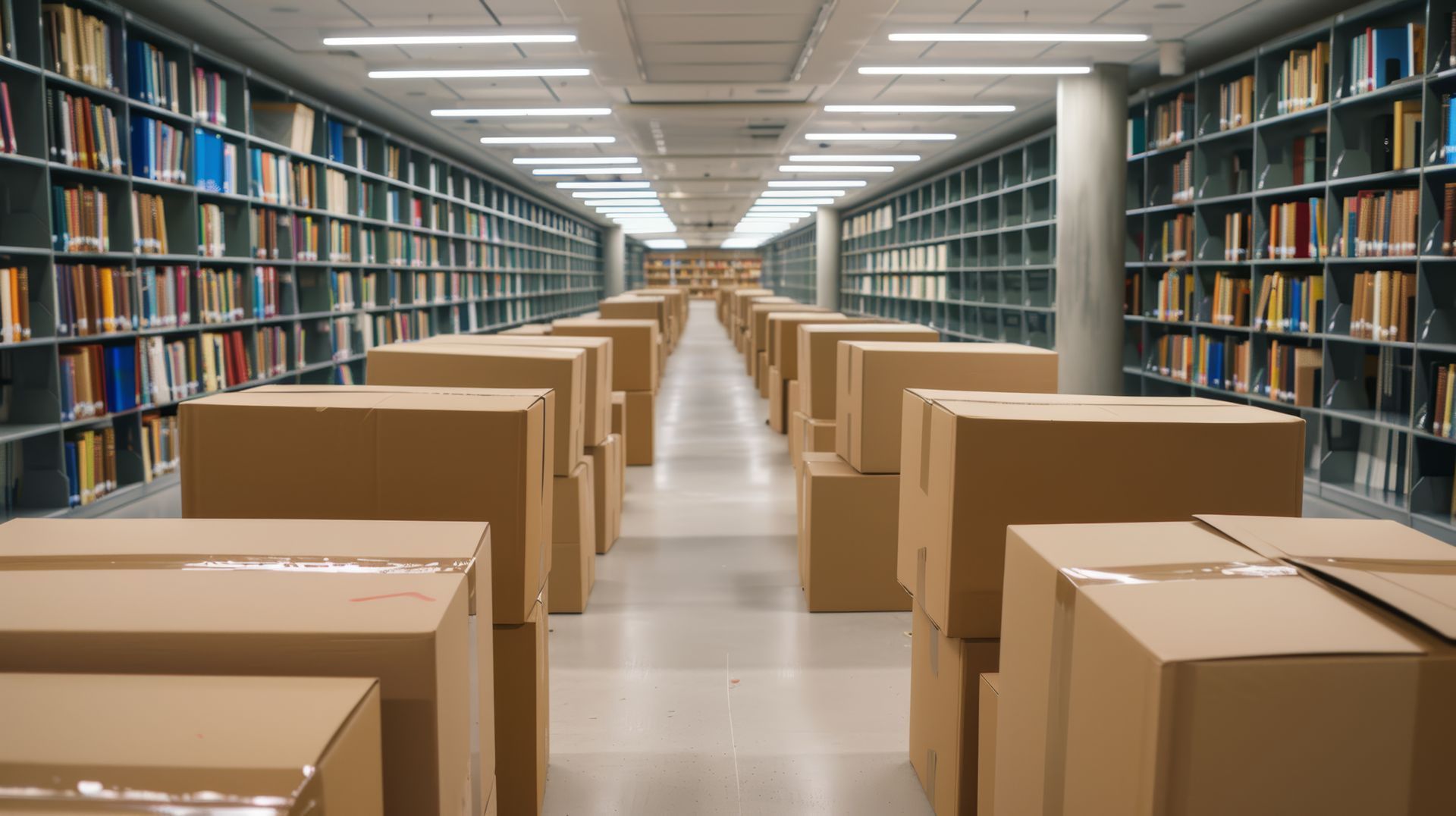Intérieur d'une bibliothèque avec des rangées d'étagères et des cartons empilés dans l'allée centrale.