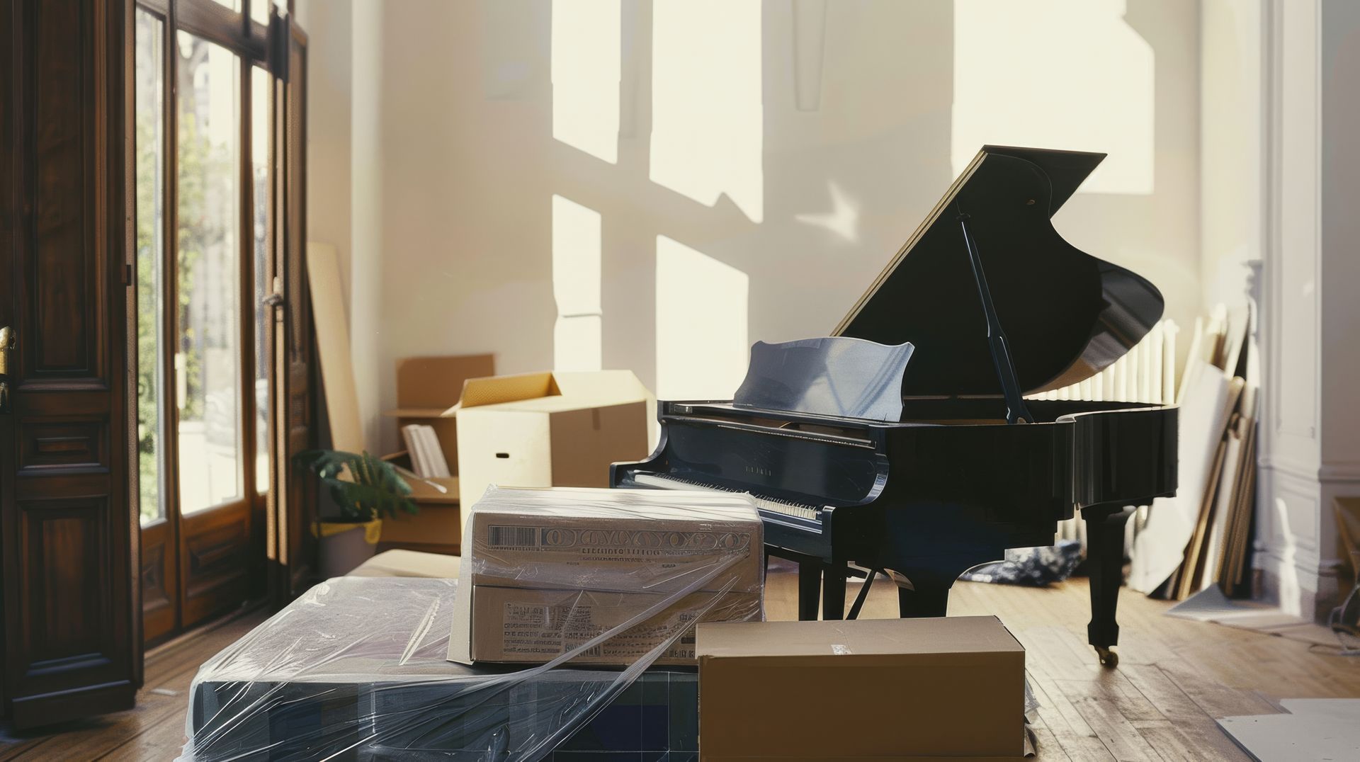 Un piano dans une pièce baignée de soleil, entouré de cartons de déménagement.