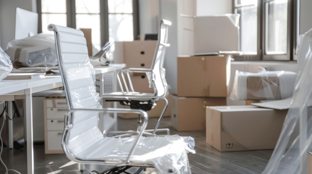 Des chaises de bureau recouvertes de film plastique, à côté de cartons emballés, lors d'un déménagement de bureaux.
