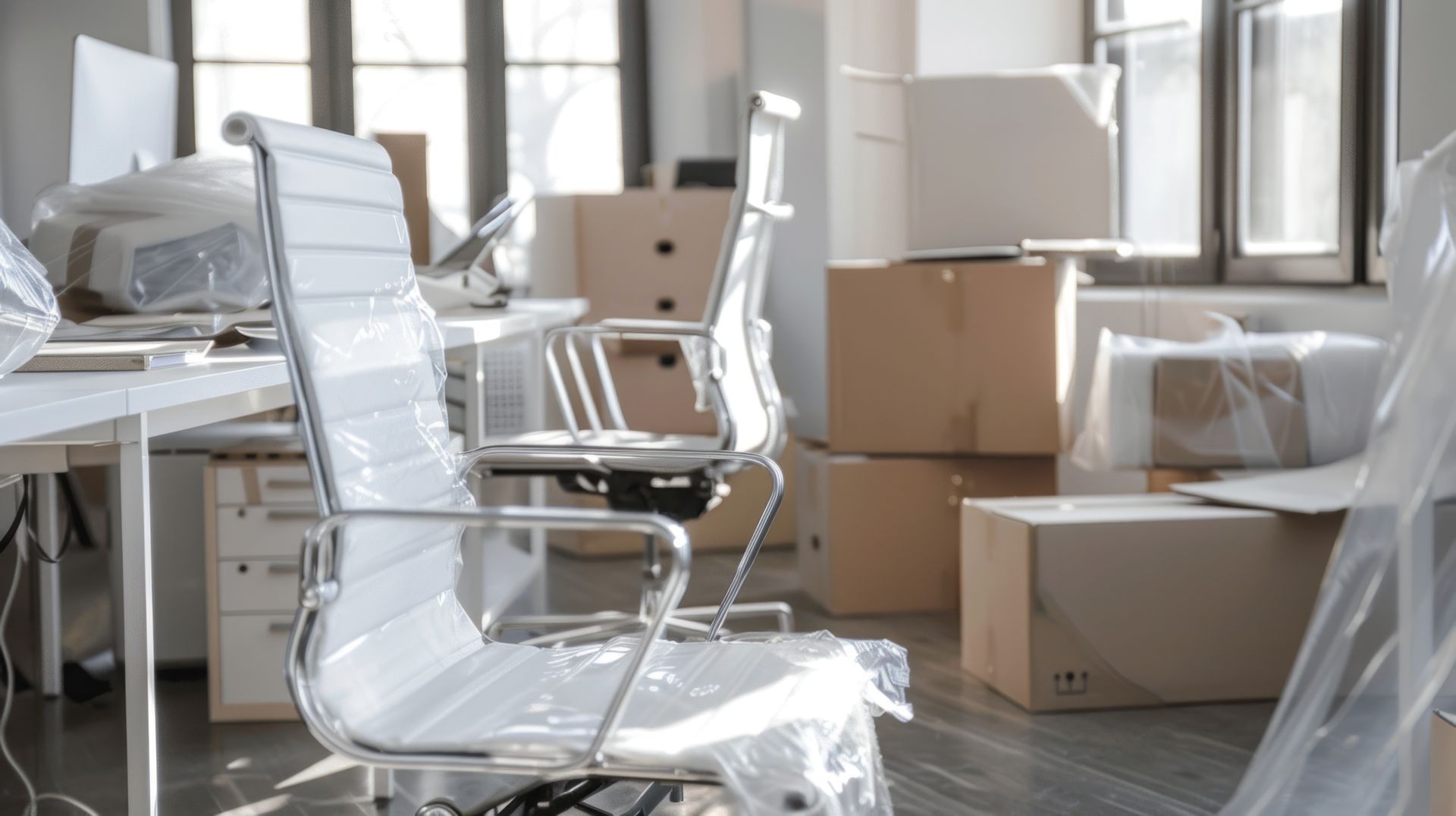 Des chaises de bureau recouvertes de film plastique, à côté de cartons emballés, lors d'un déménagement de bureaux.