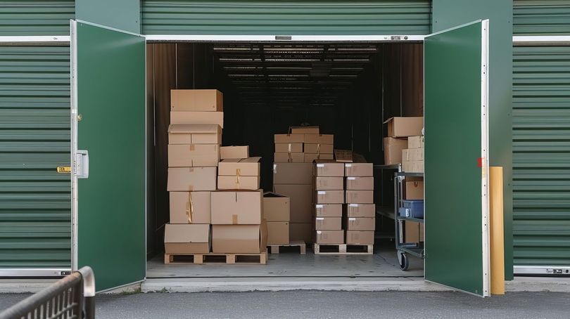 Un entrepôt s'ouvre, révélant des piles de cartons sur des palettes. Portes et façade vertes.