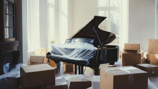 Un piano à queue emballé dans du plastique dans une pièce entourée de cartons de déménagement.