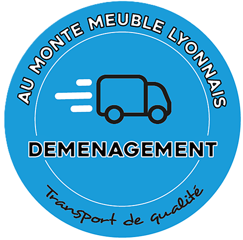 Un rond bleu avec un camion noir et des lignes blanches AU MONTE MEUBLE LYONNAIS