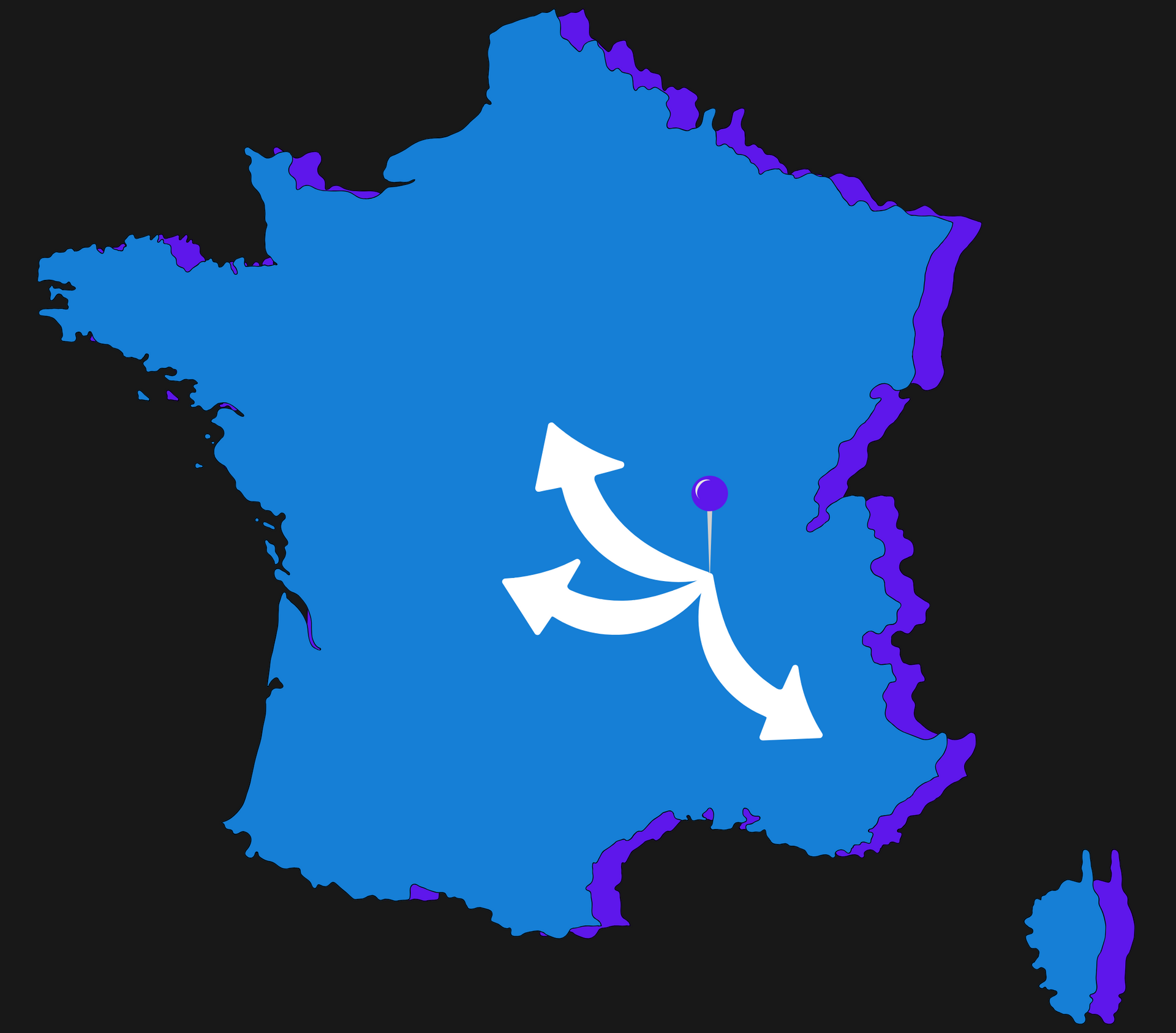 Carte bleue de la France avec des flèches pointant vers l'extérieur à partir d'un point central.