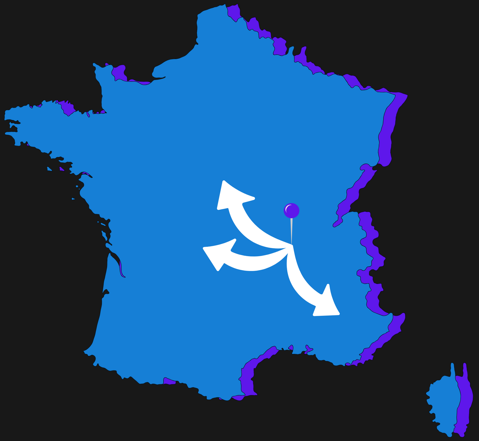 Carte de France avec des flèches rayonnant à partir d'un point central.