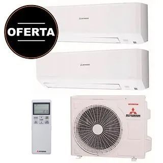 Promoción de unidades de aire acondicionado Mitsubishi blancas con control remoto y una insignia negra