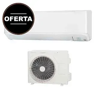 Imagen promocional de un aire acondicionado mural blanco con unidad exterior y distintivo “OFERTA”.