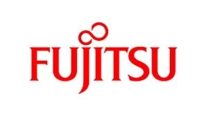 Un logotipo de Fujitsu rojo sobre un fondo blanco