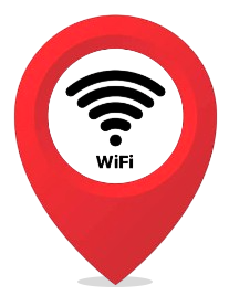 Marcador de ubicación rojo con el símbolo de WiFi y la palabra