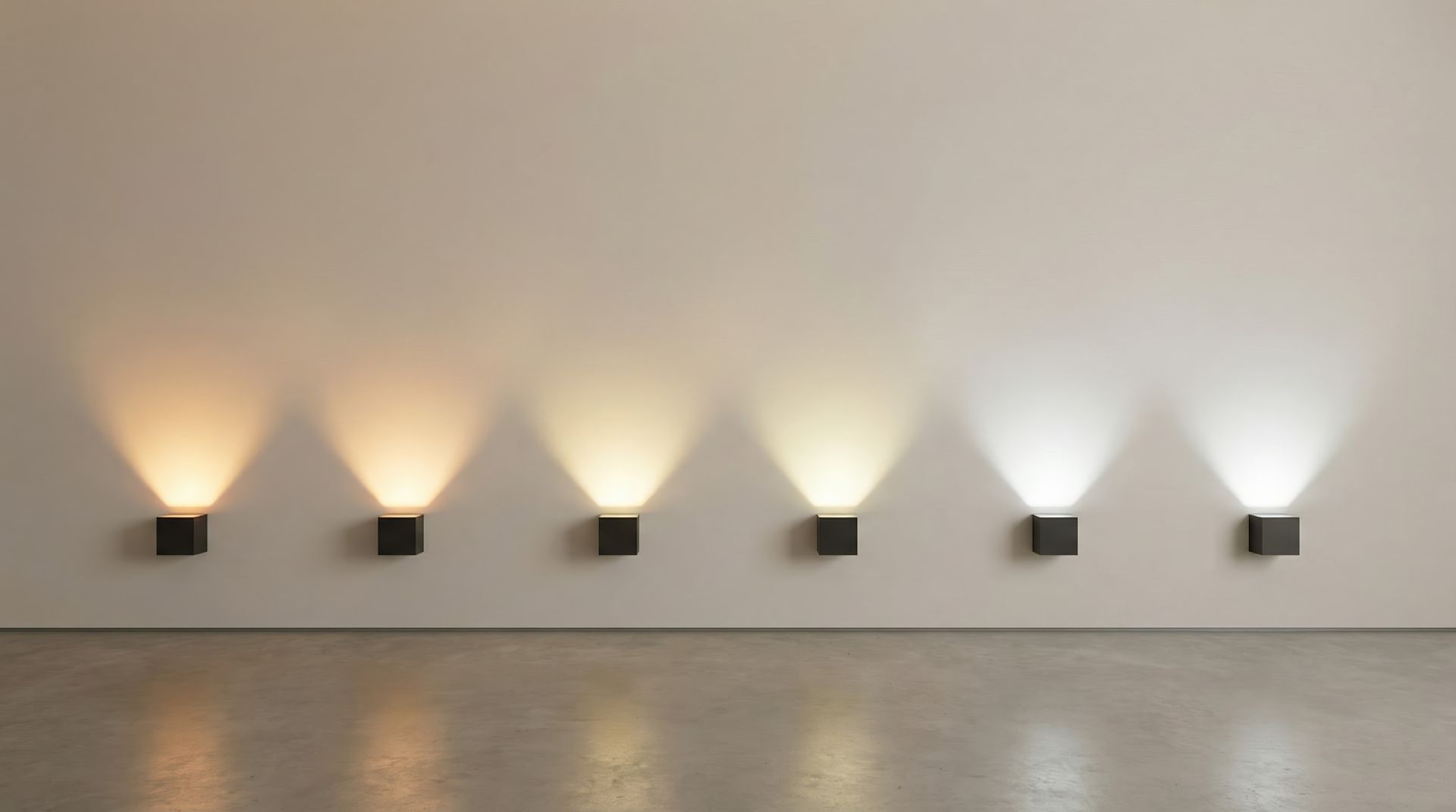 Six appliques murales illuminent un mur, diffusant différentes températures de couleur, du jaune chaud au blanc froid.