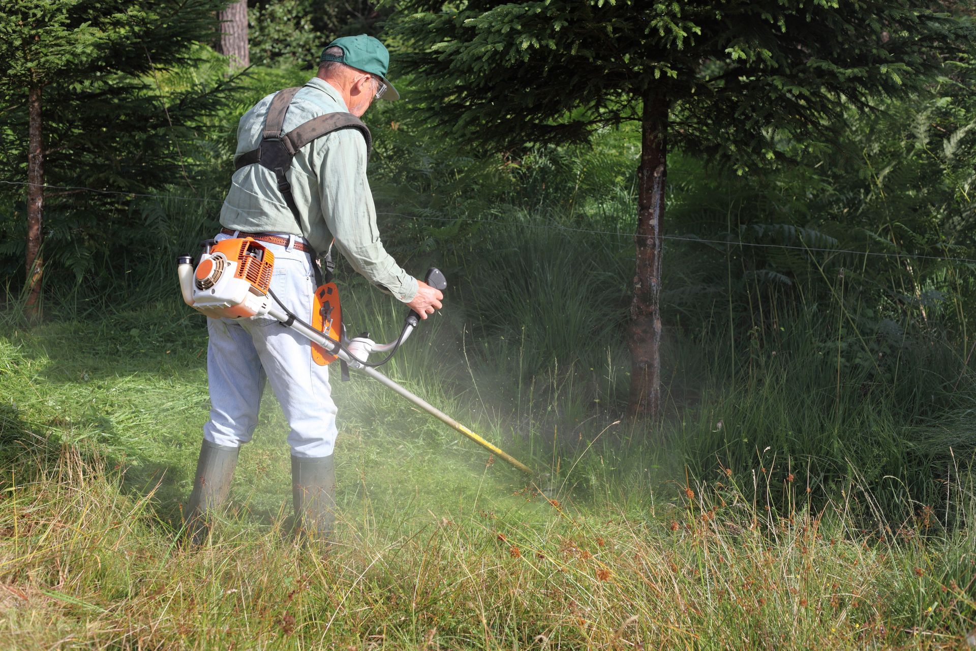 Un homme utilise une débroussailleuse dans une zone herbeuse près des arbres.