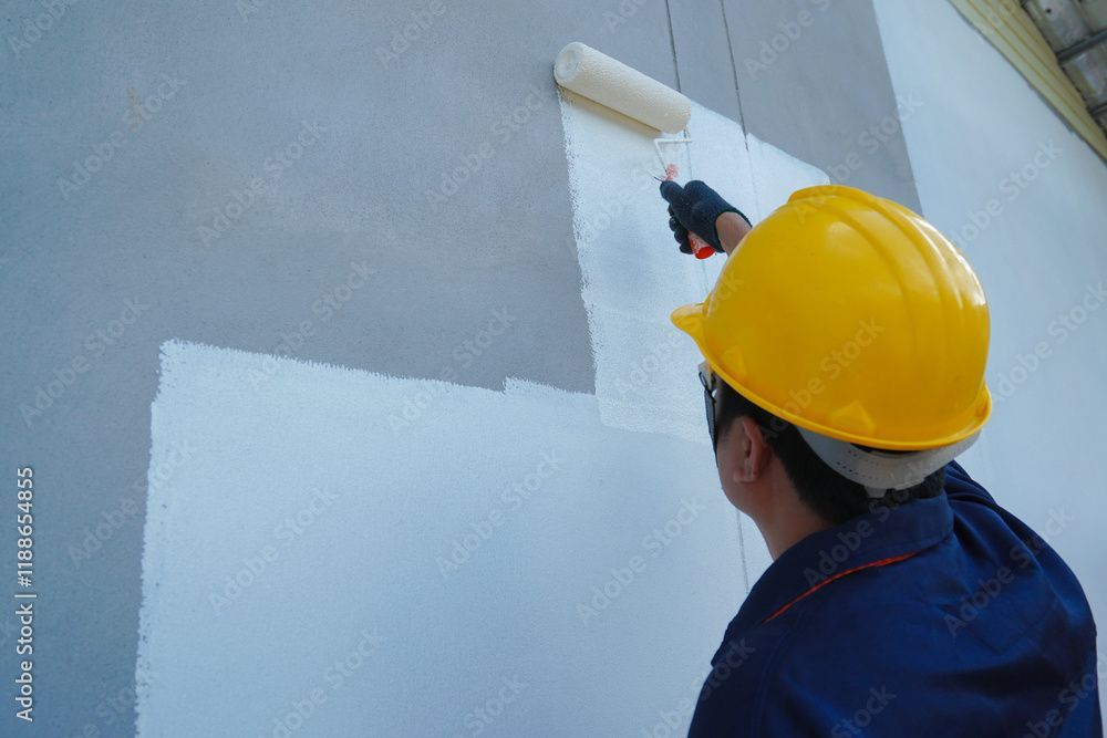 Operaio che dipinge un muro con un rullo, con indosso un elmetto giallo e una giacca scura.
