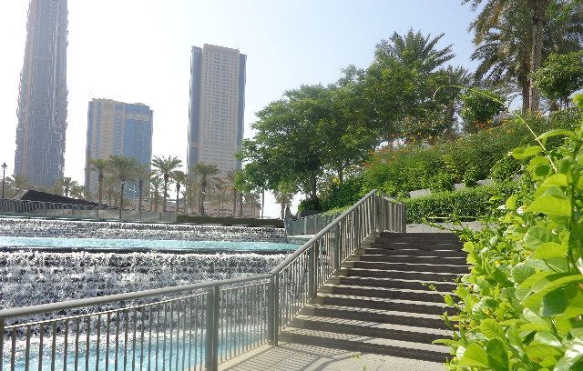 Modern garden with stone pathways and lighting