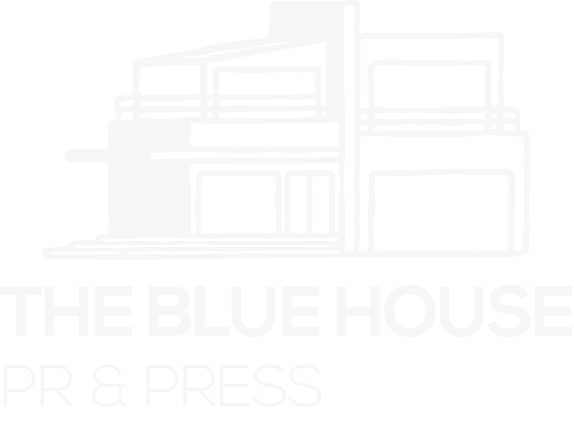 Logotipo gris claro con el contorno de una casa y el texto “THE BLUE HOUSE PR & PRESS”.