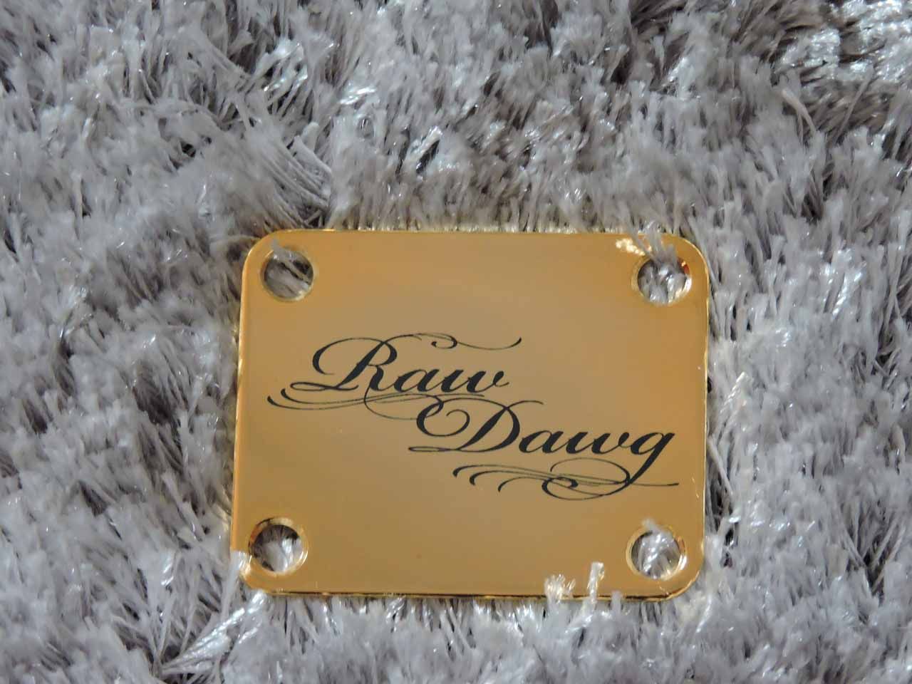 Plaque de manche de guitare dorée avec inscription « Raw Dawg ».