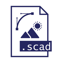 Icône de fichier avec éléments graphiques, montagnes, soleil et extension .scad.