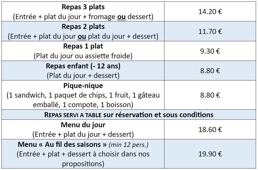 Tableau des tarifs du restaurant