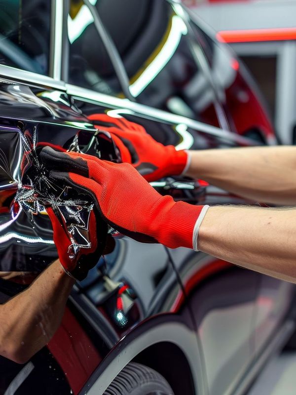 Des mains avec des gants rouges réparant une carrosserie
