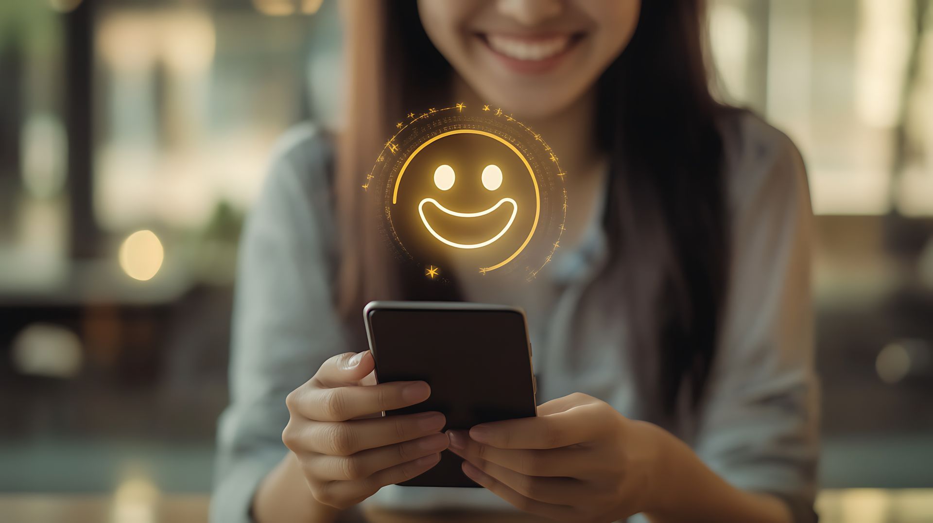 Une femme écrit un avis positif sur son téléphone