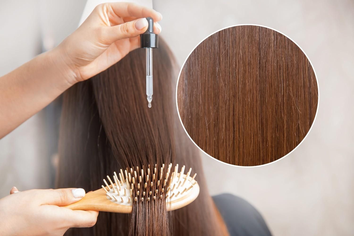 Tratamiento capilar aplicado al cabello largo castaño con un gotero y un cepillo.