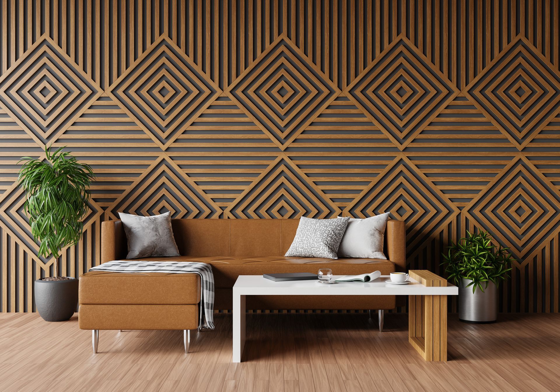 Una sala de estar con un sofá, una mesa de café y una pared geométrica.