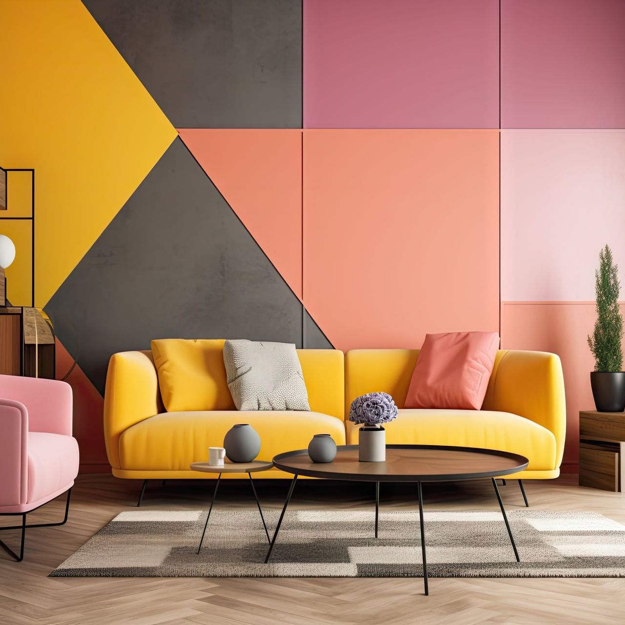 Una sala de estar con un sofá amarillo y una silla rosa.