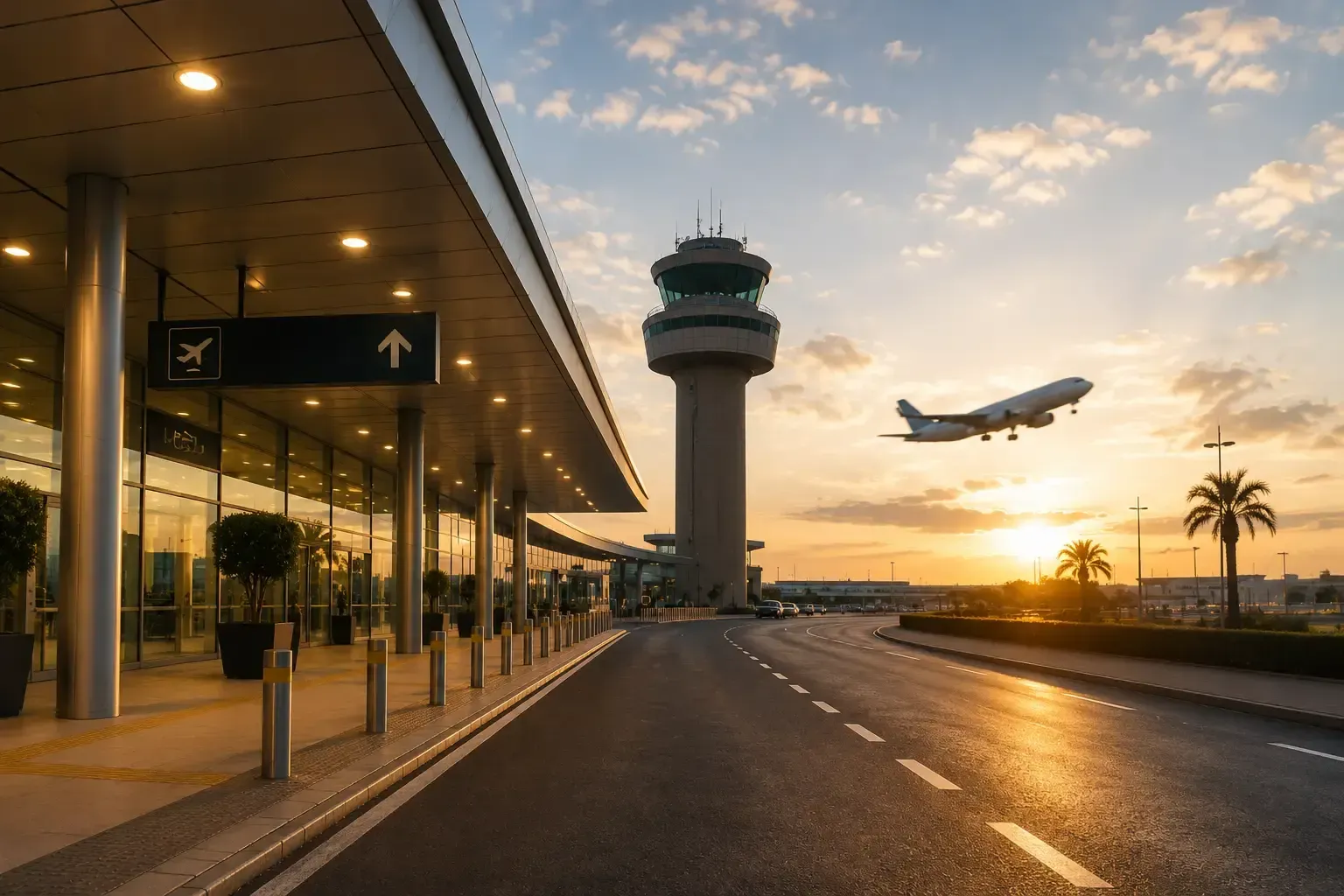 Terminal de aeropuerto al atardecer con torre de control, pista de aterrizaje y un avión despegando.