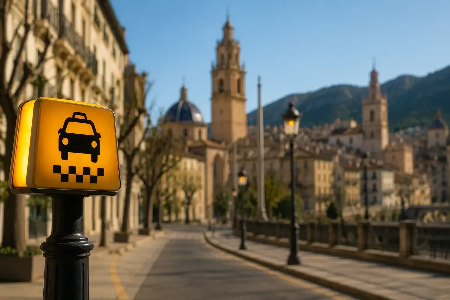 Un cartel amarillo de taxi en una calle ribereña con edificios históricos y una catedral al fondo.