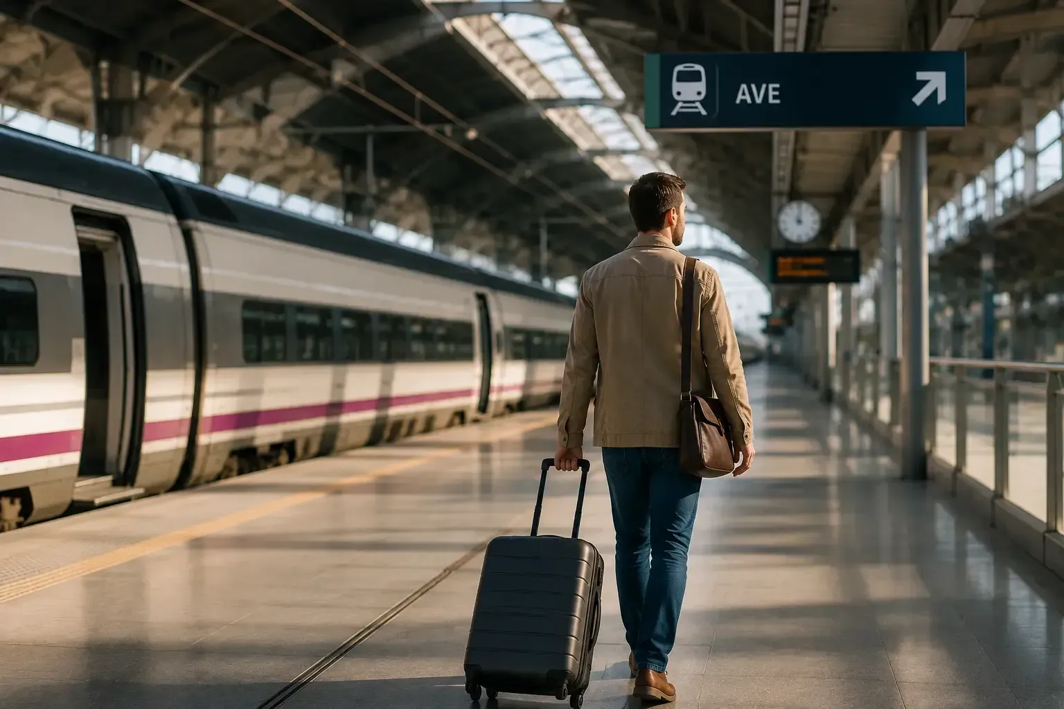 Viajero caminando con maleta junto a un tren en el andén de una estación.